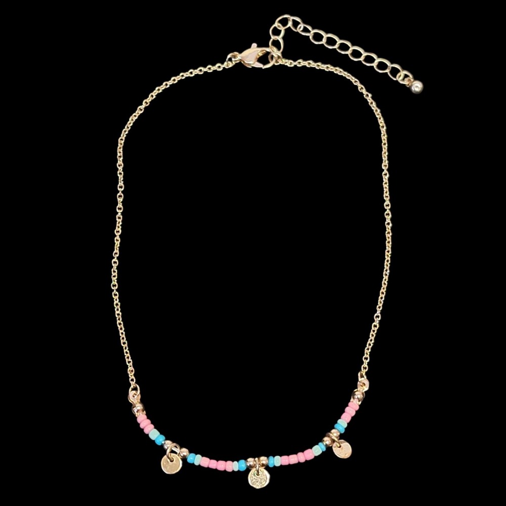 Girls Boho Beaded Necklace 14" Pink Blue Gold Tone Seed Beads Kids Childrens